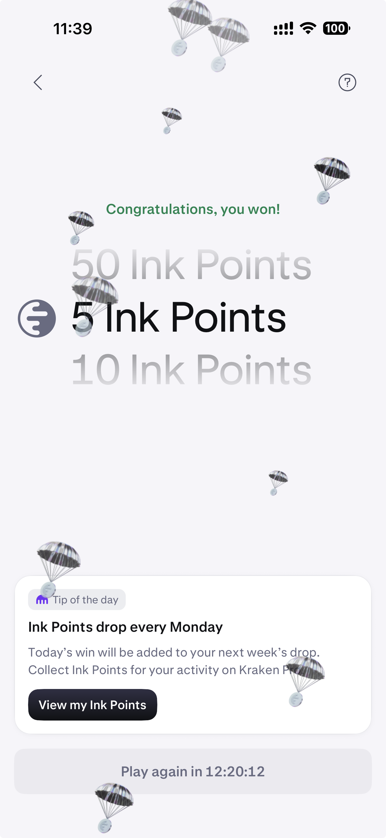 Obrazovka Kraken Pro Price Predictor s odměnou 5 Ink Points